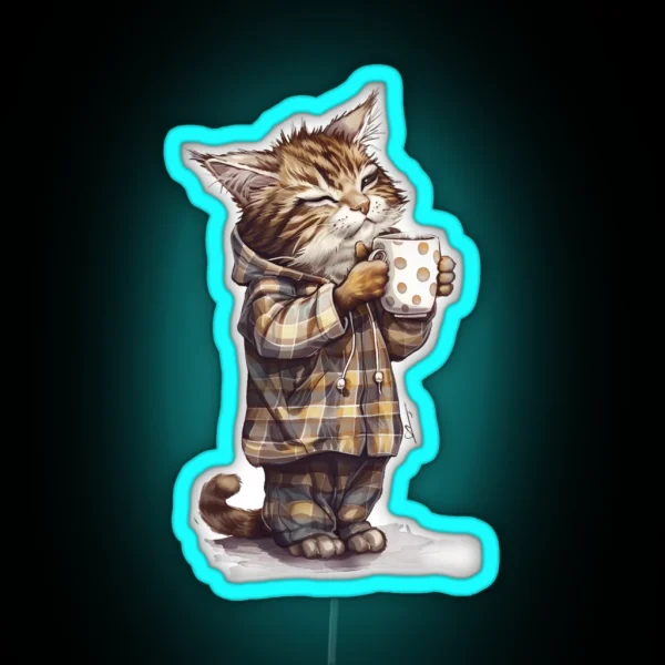 Cat In Pajamas Drinks Coffee RGB Neon Sign