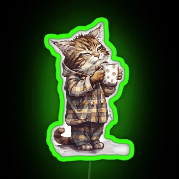 Cat In Pajamas Drinks Coffee RGB Neon Sign
