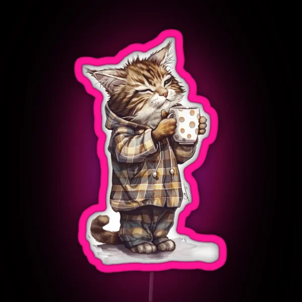 Cat In Pajamas Drinks Coffee RGB Neon Sign