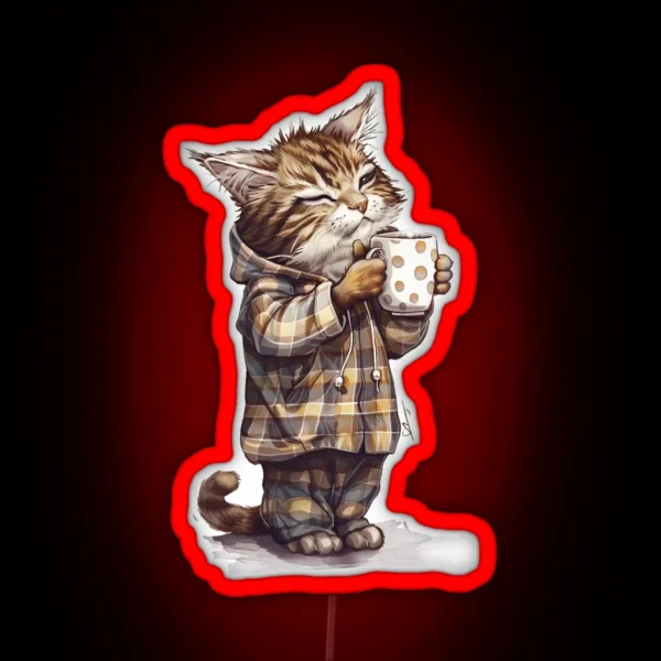 Cat In Pajamas Drinks Coffee RGB Neon Sign