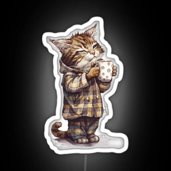 Cat In Pajamas Drinks Coffee RGB Neon Sign