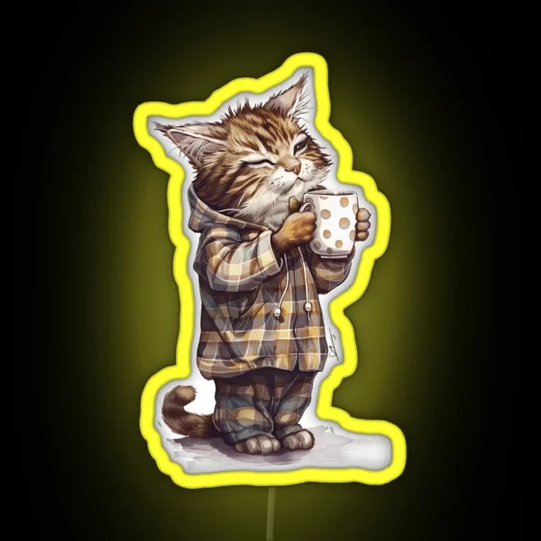 Cat In Pajamas Drinks Coffee RGB Neon Sign