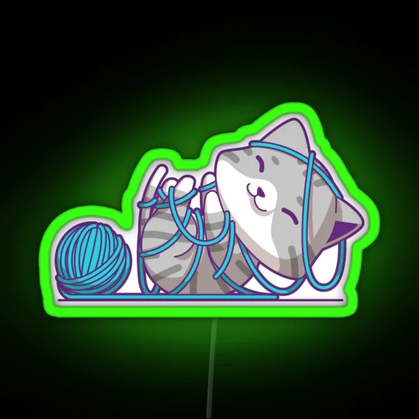 Cat Playing With Yarn Funny Crochet Meme RGB Neon Sign