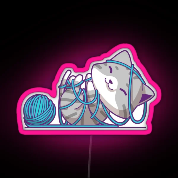 Cat Playing With Yarn Funny Crochet Meme RGB Neon Sign