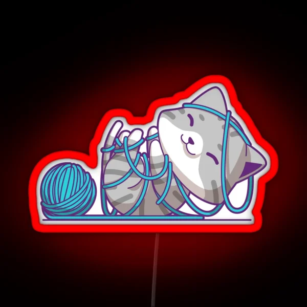 Cat Playing With Yarn Funny Crochet Meme RGB Neon Sign