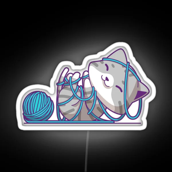 Cat Playing With Yarn Funny Crochet Meme RGB Neon Sign