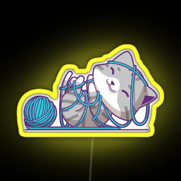 Cat Playing With Yarn Funny Crochet Meme RGB Neon Sign