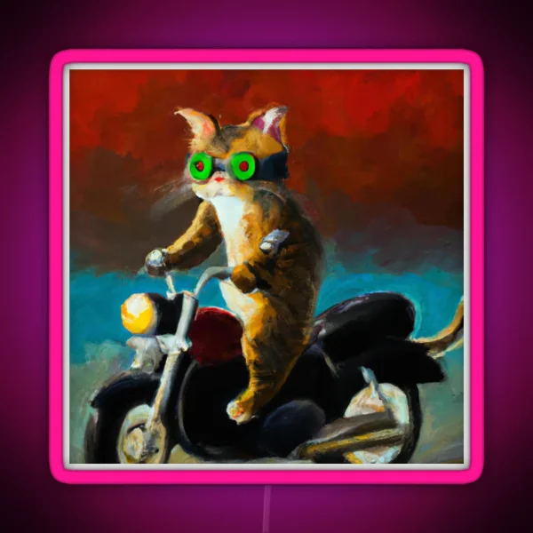 CAT RIDING A MOTOCYCLE OIL PAINTING STYLE RGB Neon Sign