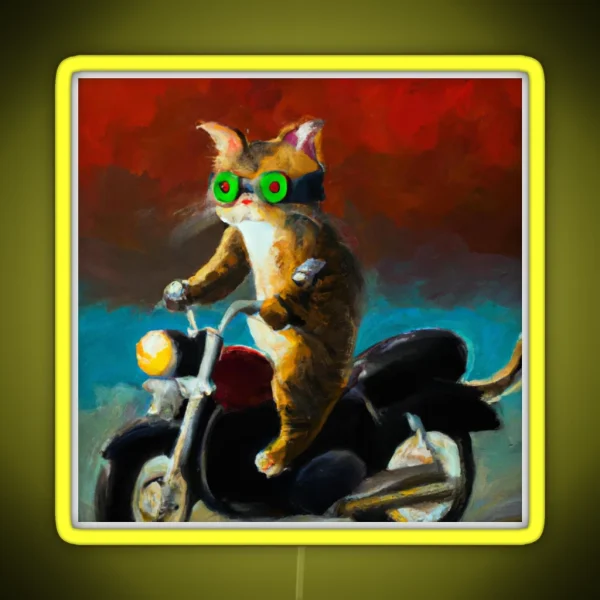 CAT RIDING A MOTOCYCLE OIL PAINTING STYLE RGB Neon Sign