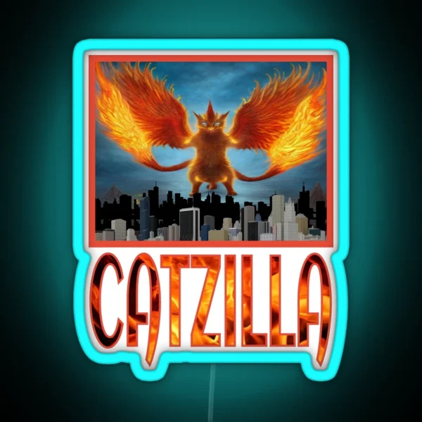 Catzilla Cat Standing In A Destroyed City Street RGB Neon Sign