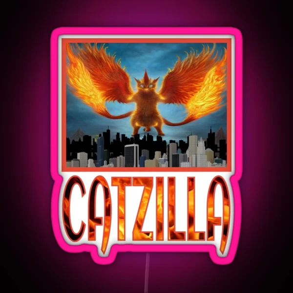 Catzilla Cat Standing In A Destroyed City Street RGB Neon Sign