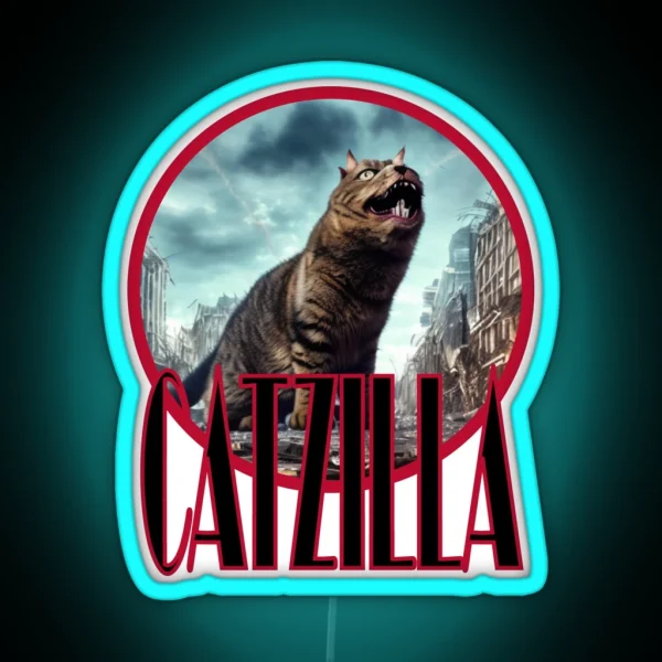 Catzilla Cat Standing In A Destroyed City Street RGB Neon Sign