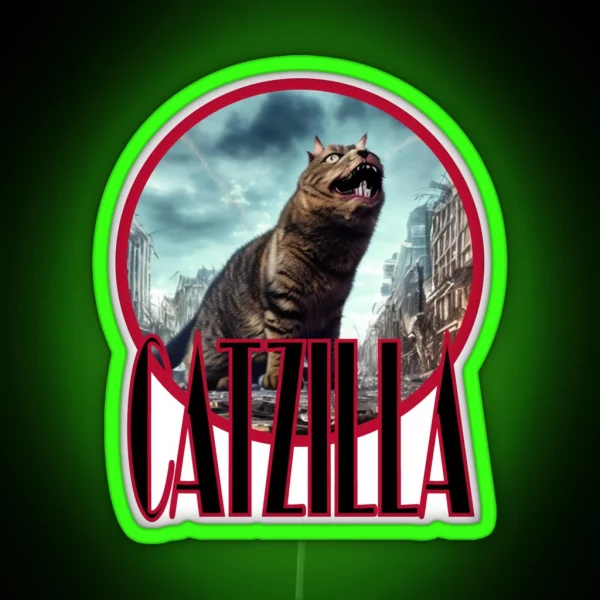 Catzilla Cat Standing In A Destroyed City Street RGB Neon Sign