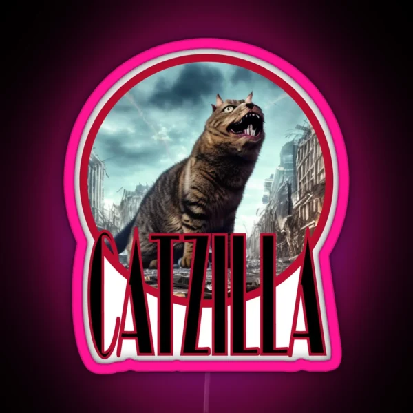 Catzilla Cat Standing In A Destroyed City Street RGB Neon Sign