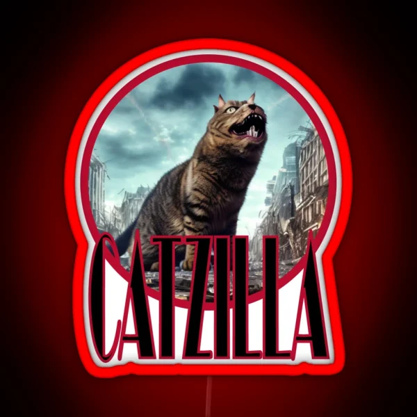 Catzilla Cat Standing In A Destroyed City Street RGB Neon Sign