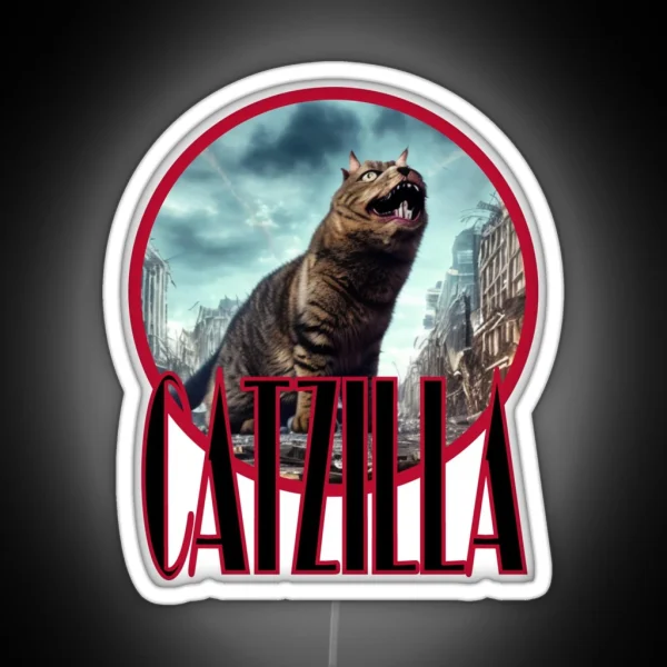 Catzilla Cat Standing In A Destroyed City Street RGB Neon Sign