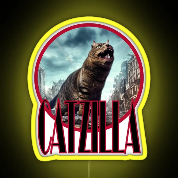 Catzilla Cat Standing In A Destroyed City Street RGB Neon Sign