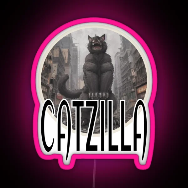 Catzilla Cat Standing In A Destroyed City Street RGB Neon Sign