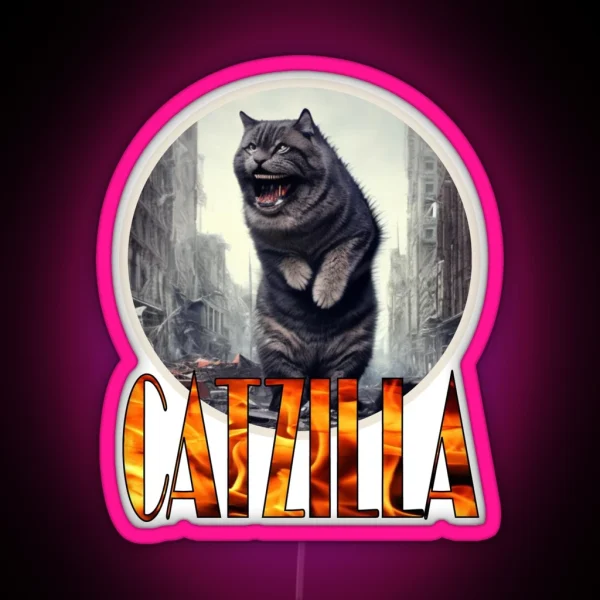 Catzilla Cat Standing In A Destroyed City Street RGB Neon Sign