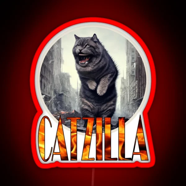 Catzilla Cat Standing In A Destroyed City Street RGB Neon Sign