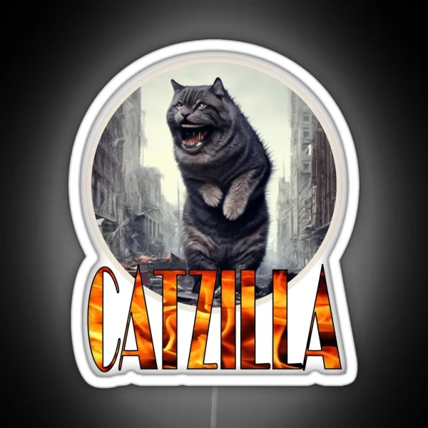 Catzilla Cat Standing In A Destroyed City Street RGB Neon Sign