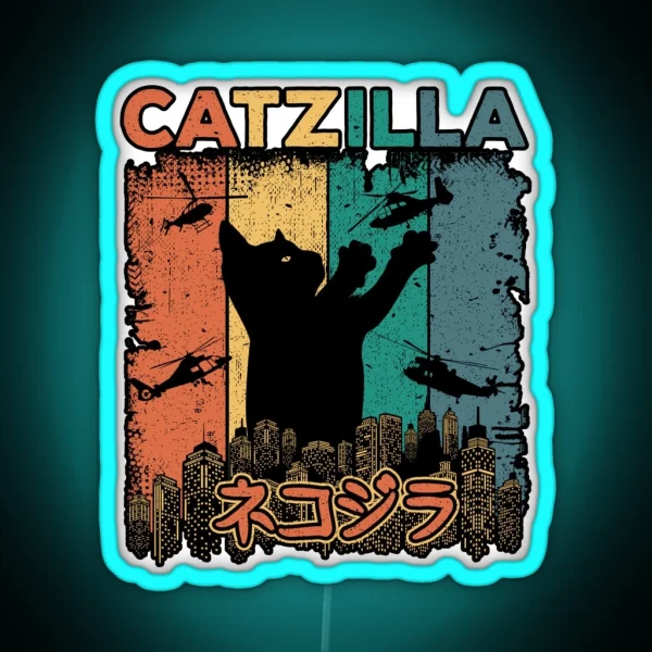 Catzilla Japanese Funny Retro Catzilla RGB Neon Sign