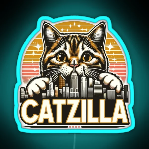 Catzilla Japanese Retro Vintage Sunset Cat Kitten Lovers RGB Neon Sign