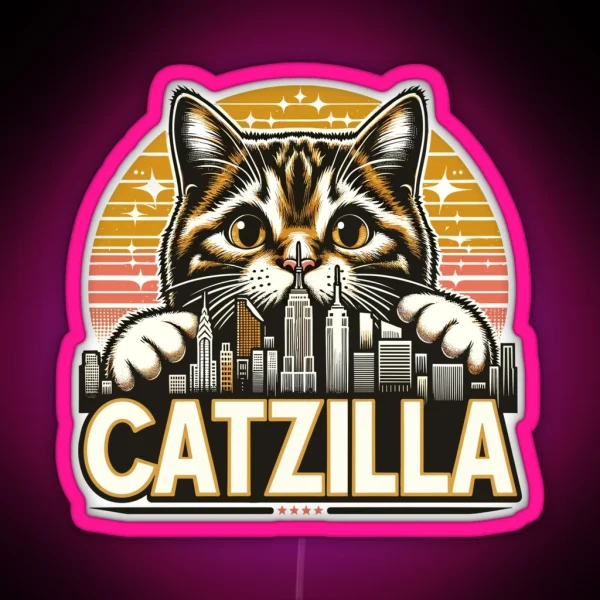 Catzilla Japanese Retro Vintage Sunset Cat Kitten Lovers RGB Neon Sign