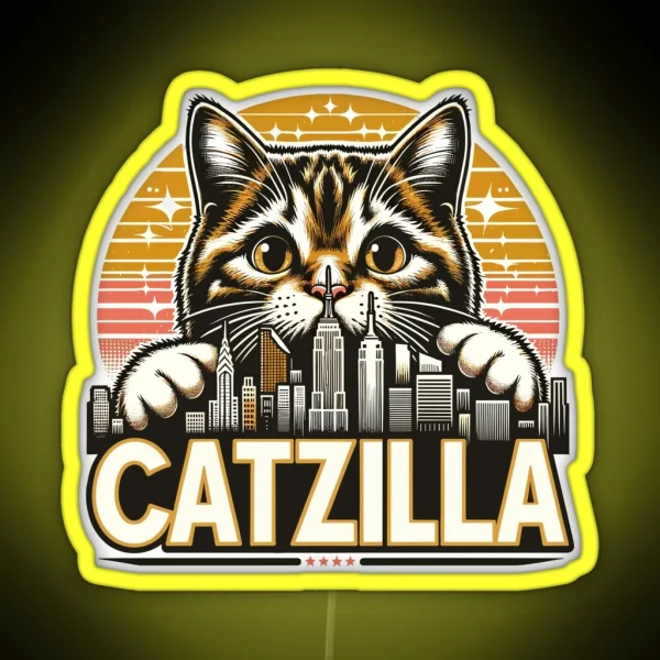 Catzilla Japanese Retro Vintage Sunset Cat Kitten Lovers RGB Neon Sign