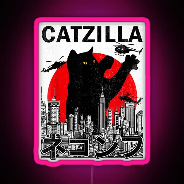 Catzilla Japanese Vintage Sunset Style Cat RGB Neon Sign