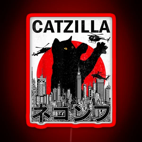 Catzilla Japanese Vintage Sunset Style Cat RGB Neon Sign