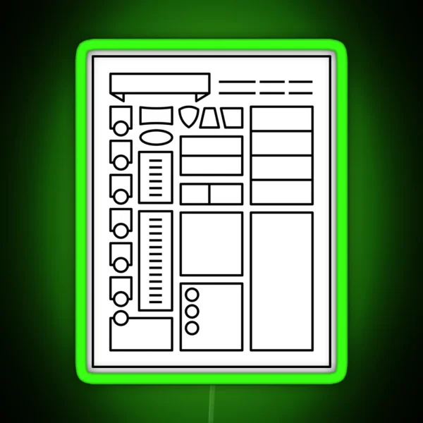 Character Sheet Dungeons And Dragons Line Art Series RGB Neon Sign