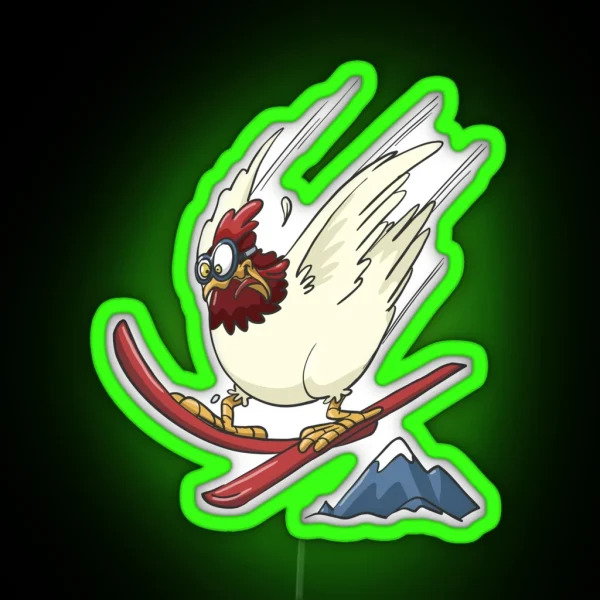 Chicken On Ski Flying Downhill RGB Neon Sign