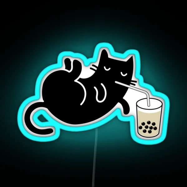 Chill Black Cat Drinking Boba Milk Tea RGB Neon Sign