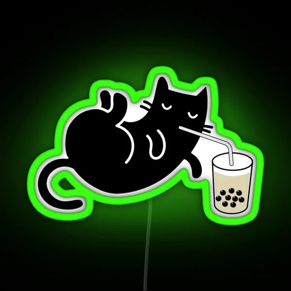 Chill Black Cat Drinking Boba Milk Tea RGB Neon Sign