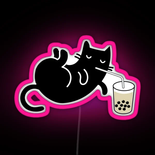 Chill Black Cat Drinking Boba Milk Tea RGB Neon Sign