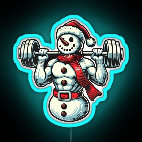 Christmas Muscle Snowman With Dumbbell RGB Neon Sign