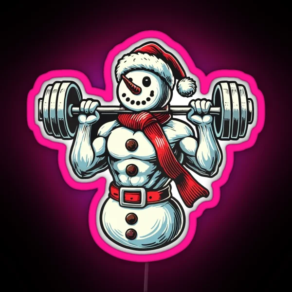 Christmas Muscle Snowman With Dumbbell RGB Neon Sign