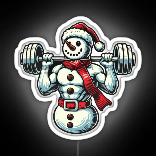 Christmas Muscle Snowman With Dumbbell RGB Neon Sign