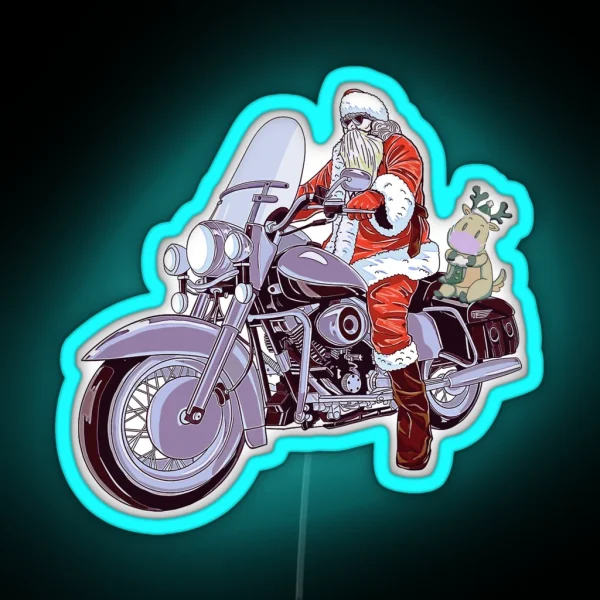 Christmas Santa Claus And Reindeer On Motorcycle RGB Neon Sign