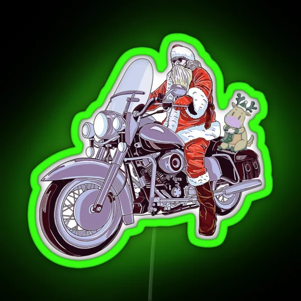 Christmas Santa Claus And Reindeer On Motorcycle RGB Neon Sign