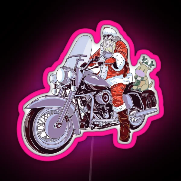 Christmas Santa Claus And Reindeer On Motorcycle RGB Neon Sign