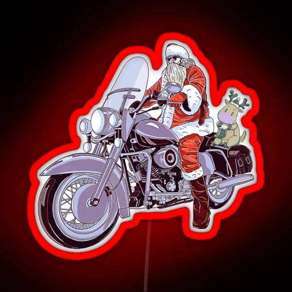 Christmas Santa Claus And Reindeer On Motorcycle RGB Neon Sign