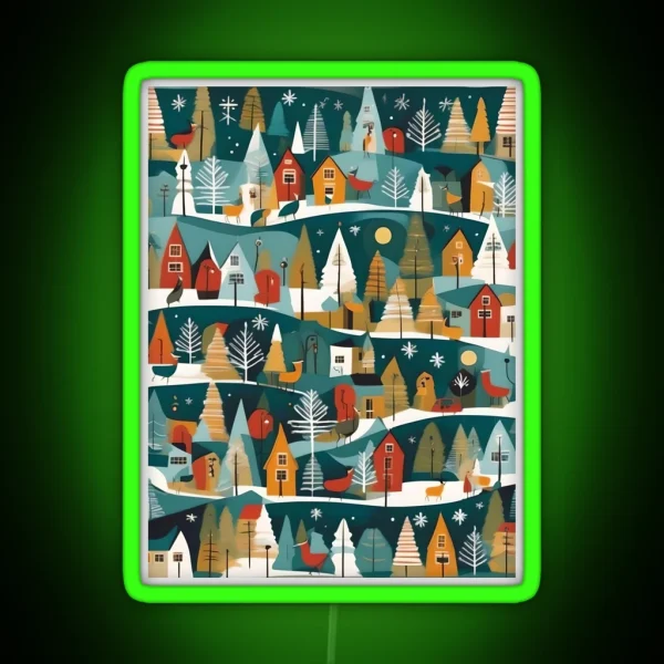 Christmas Themed Little Houses And Fir Trees RGB Neon Sign
