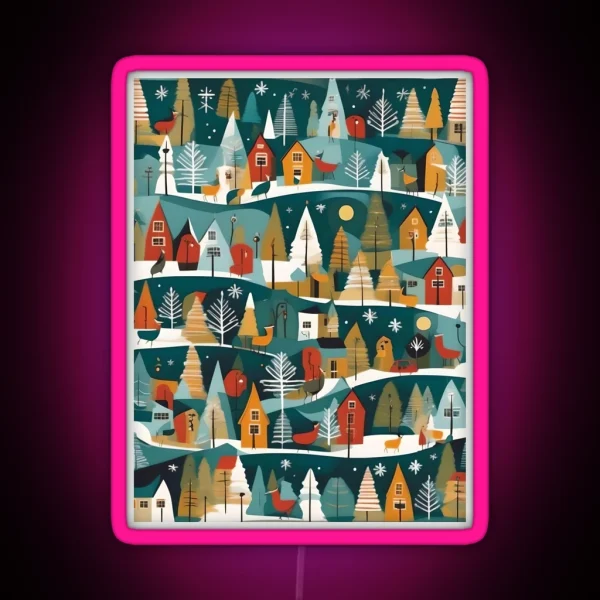 Christmas Themed Little Houses And Fir Trees RGB Neon Sign