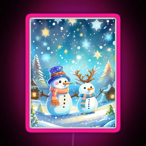 Christmas Whimsical Winter Scene With Playful Snowmen Xmas Cards RGB Neon Sign