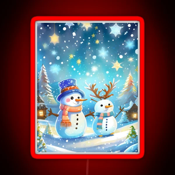 Christmas Whimsical Winter Scene With Playful Snowmen Xmas Cards RGB Neon Sign