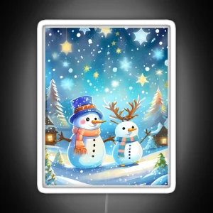 Christmas Whimsical Winter Scene With Playful Snowmen Xmas Cards RGB Neon Sign