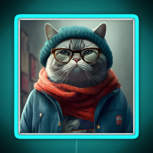 Chubby Cat In Winter Wear RGB Neon Sign