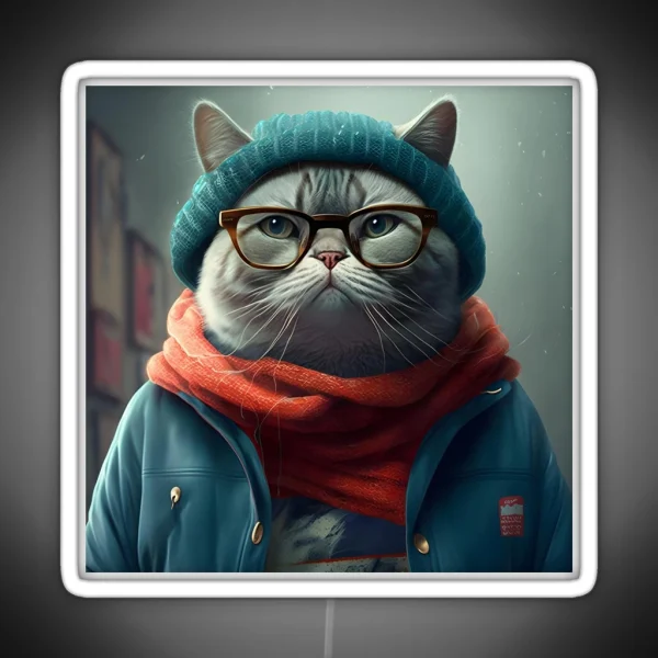 Chubby Cat In Winter Wear RGB Neon Sign